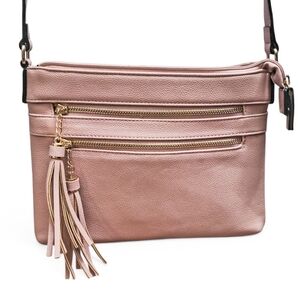 Chic Tan Crossbody Bag with Tassel Accents And Gold Hardware